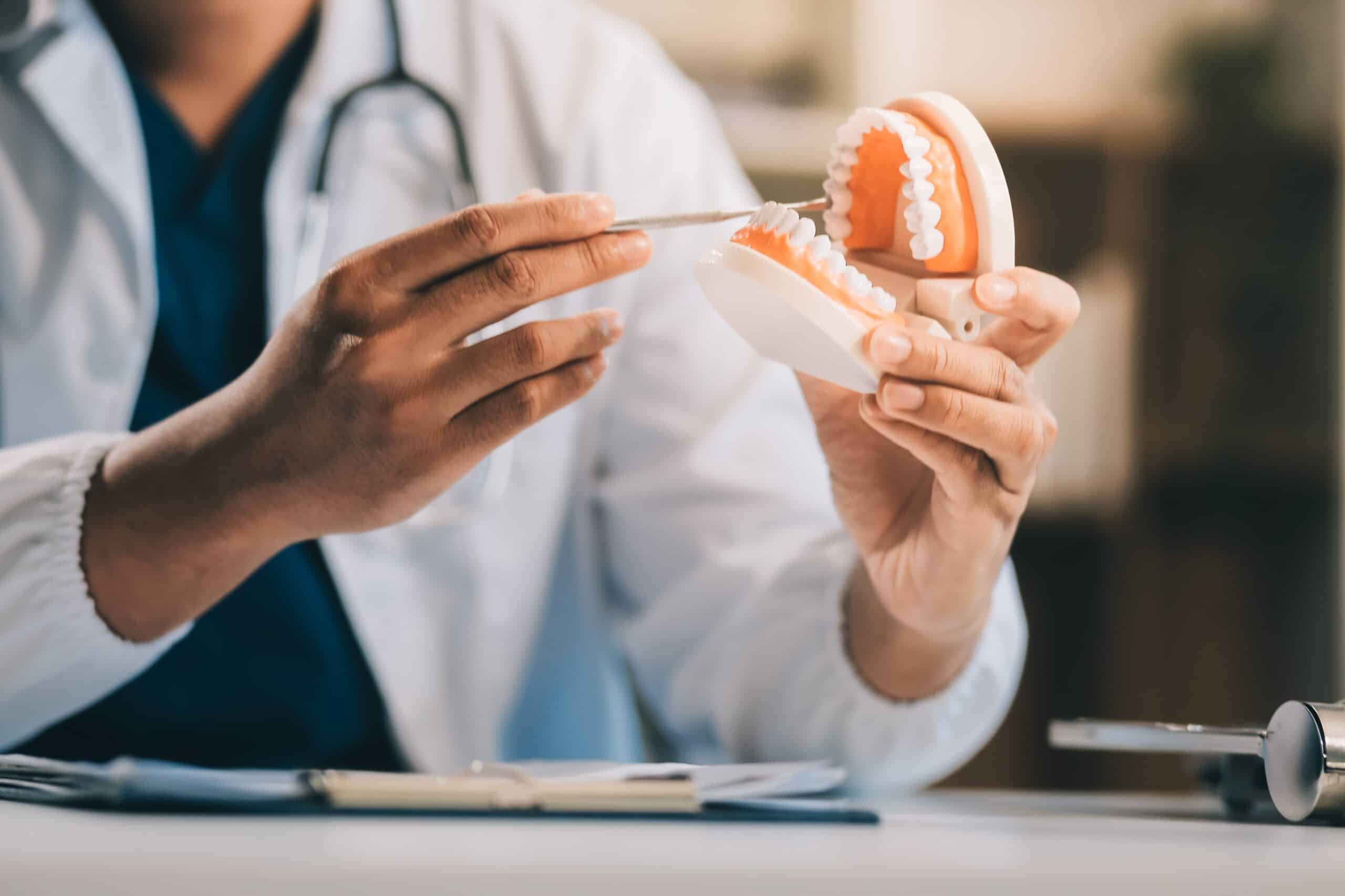 doctor showing a denture model to a patient